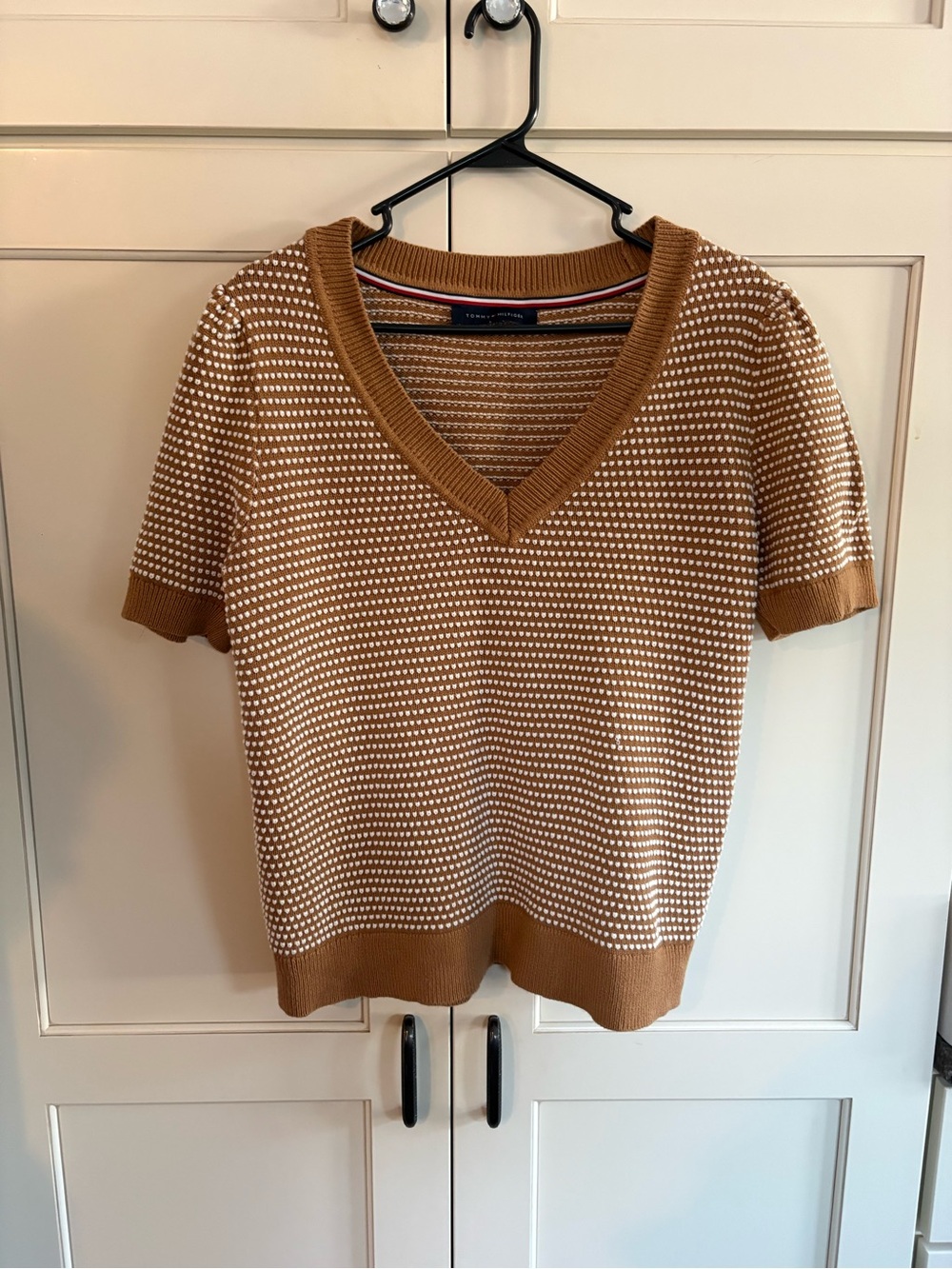 Tommy Hilfiger Camel and White Striped V-Neck Sweater